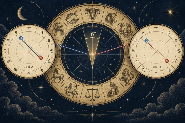 A central zodiac wheel marked 6° is flanked by two smaller circular charts labeled Tool A and Tool B, with colored lines between them.