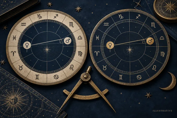 Two circular zodiac charts with Venus and Mars symbols sit beside a drafting compass on a dark, starry surface.