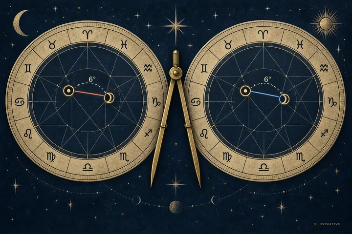 Two circular zodiac charts with sun and moon symbols are separated by a drafting compass and linked by colored lines marked 6°.