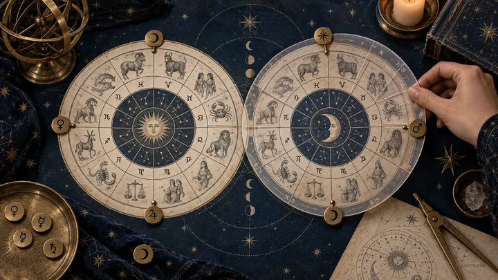 Two illustrated zodiac wheels lie side by side on a dark star-patterned surface, with a hand holding the right wheel.