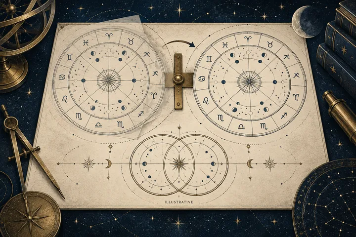 An open illustrated chart shows two circular zodiac diagrams above a smaller overlapping pair, with an arrow between the upper diagrams.