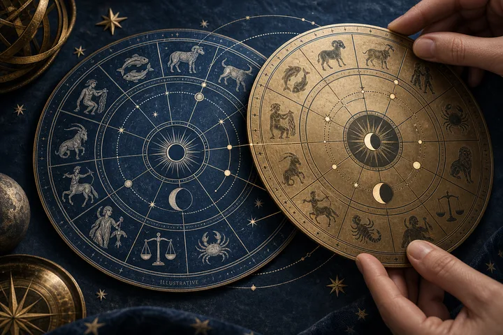 Two overlapping illustrated zodiac wheels, one dark blue and one brass-colored, are held by hands on a starry dark surface.