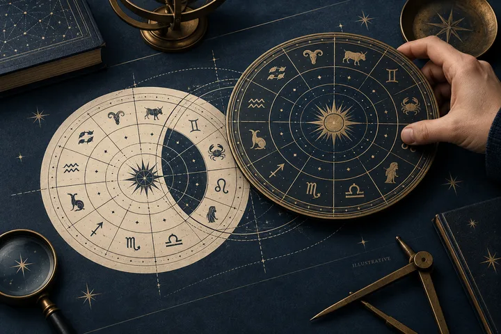 Two illustrated zodiac wheels, one ivory and one dark blue, overlap on a star-patterned surface while a hand holds the blue wheel.