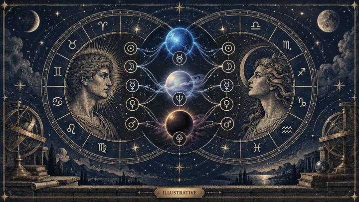 Two overlapping illustrative zodiac wheels in an engraved midnight-blue observatory, connected by Uranus, Neptune, Pluto, and personal-planet symbols.