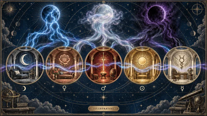 Five engraved symbolic rooms for the Moon, Venus, Mars, Sun, and Mercury crossed by Uranian lightning, Neptune mist, and Pluto shadow.