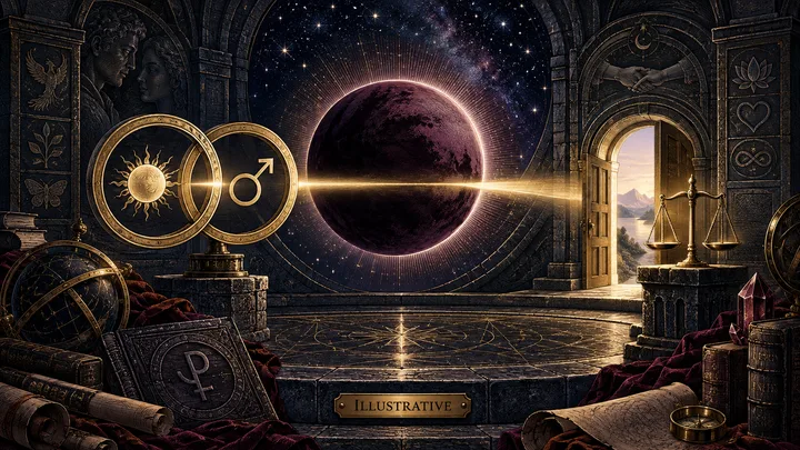 A deep plum Pluto eclipse focuses a brass beam through Sun and Mars rings toward an open door and balanced scales.
