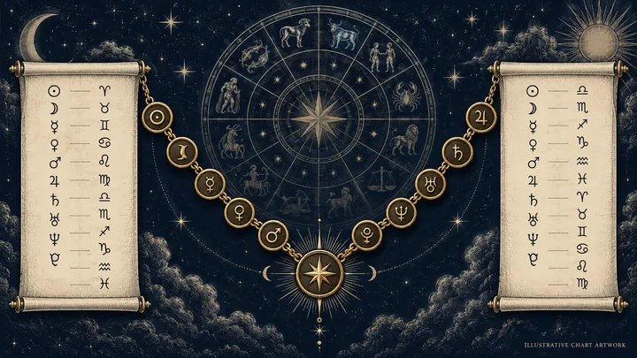 Engraved-style night-sky illustration with a central zodiac wheel, two parchment scrolls of astrological symbols, and a gold chain of circular symbols converging on a star compass.