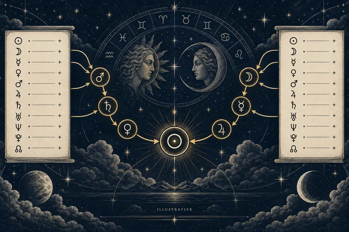 Engraved-style illustration of two facing celestial profiles, parchment symbol lists on either side, and gold arrows linking circular symbols toward a central ring.