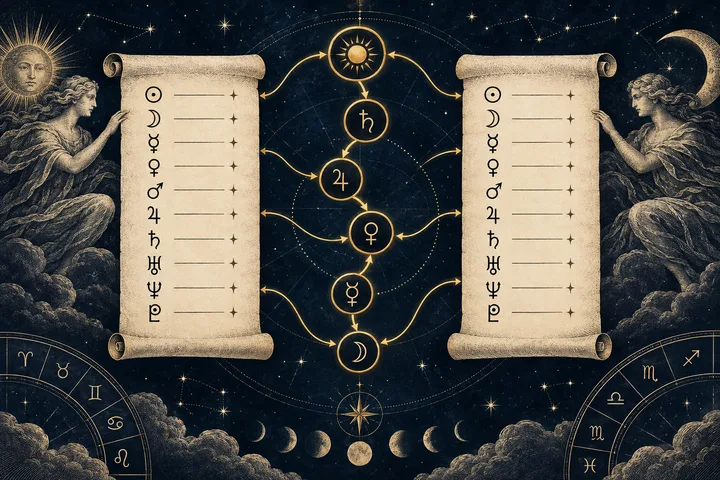 Engraved-style night-sky illustration with two parchment symbol lists, a vertical chain of gold-outlined circles and arrows between them, and sun-and-moon figures at the sides.