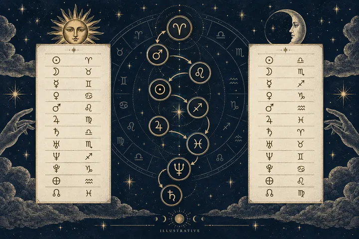 Engraved-style illustration with two parchment symbol lists beneath sun and moon faces, and a vertical sequence of connected circular symbols inside a zodiac wheel.