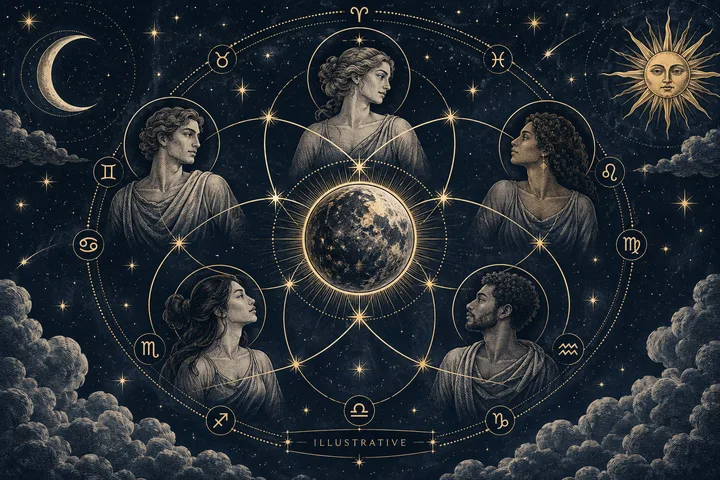 Five robed figures in circles surround a glowing globe, connected by gold lines amid zodiac symbols, stars, a crescent moon, and a sun; the word “Illustrative” appears below.