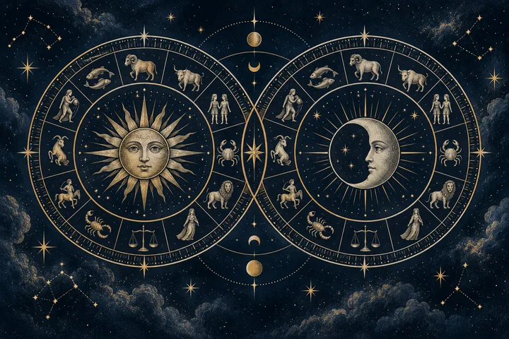 Two overlapping gold zodiac wheels feature a sun face and a crescent moon face, surrounded by zodiac figures against a dark starry sky.