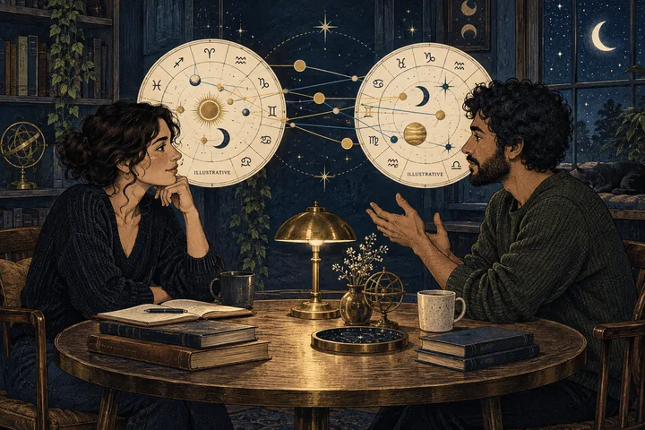 Two people have a calm conversation between separate illustrative synastry charts in a midnight-blue study.