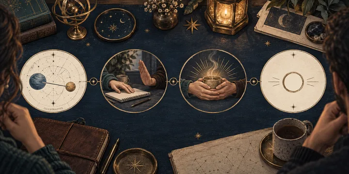 A four-part illustrated sequence shows a synastry symbol becoming relationship behavior, a need for care, and an open question.