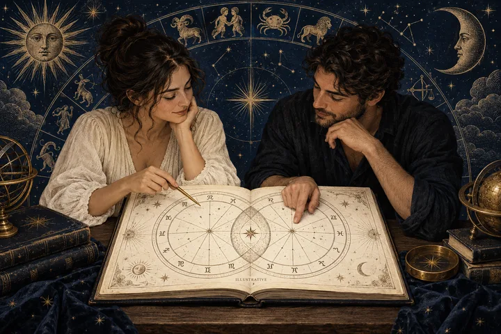 Illustrative brass synastry wheel between two open notebooks on an ivory table, with two hands sharing the chart under a midnight-blue sky