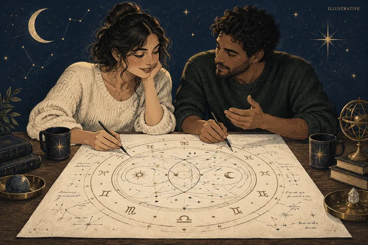 Illustrative Moon, Venus, and Mars symbols arranged as three brass stepping stones between two simplified zodiac circles