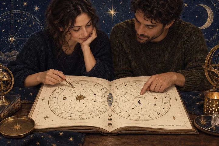 Illustrative close-up of two annotated zodiac wheels with a narrow brass aspect line and a shared question card