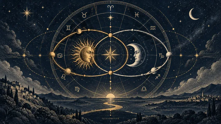 Illustrative synastry wheel with Sun and Moon symbols above a winding road between two settlements