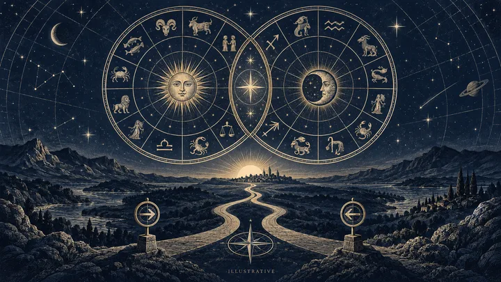 Illustrative double zodiac wheel with two paths meeting before a distant city