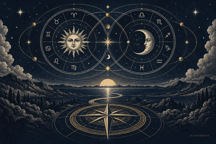 Illustrative paired zodiac wheels and compass over a road toward the horizon