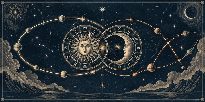 Engraved midnight-blue synastry illustration with two zodiac discs and orbital paths showing one flowing connection and one tense crossing.