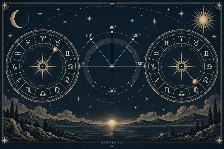 Engraved synastry teaching plate with two zodiac rings and a central aspect-angle diagram labeled with major angles and an orb boundary.