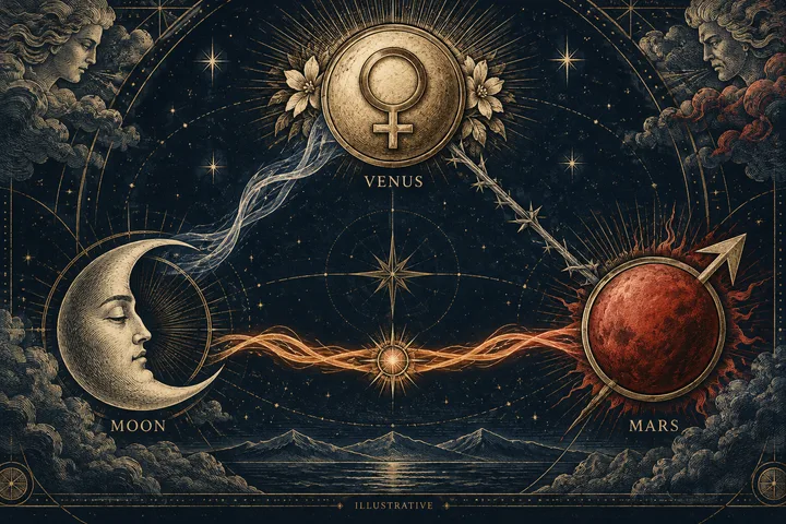 Engraved synastry illustration of the Moon, Venus, and Mars connected by soft, warm, and sharply crossing threads.