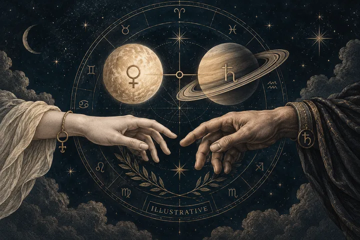 Two outstretched hands reach toward each other beneath a starry zodiac wheel, with Venus and Saturn symbols above them.
