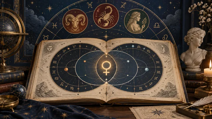 Illustrative midnight-blue synastry chart with a glowing Venus symbol centered between two intersecting chart orbits in an engraved celestial atlas.