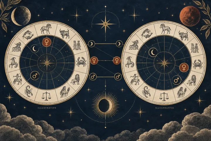 Two illustrative engraved synastry chart wheels connected by Venus, Moon, and Mars aspect lines in midnight blue, ivory, and brass.
