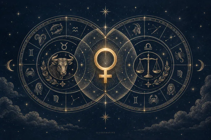Engraved brass Venus emblem between two overlapping illustrative synastry wheels, with Taurus and Libra motifs against a midnight-blue star field.