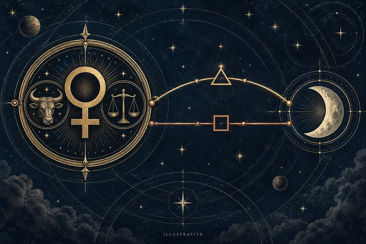 Illustrative astrology instrument showing a domicile Venus with Taurus and Libra symbols connected to a receiving Moon by flowing trine and angular square paths.