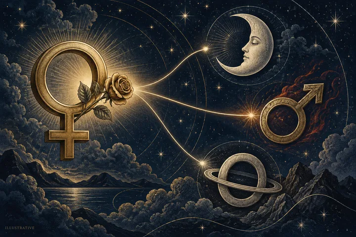 Close-up engraved Venus offering a rose toward symbolic Moon, Mars, and Saturn receivers, illustrating different lived experiences of a Venus synastry contact.