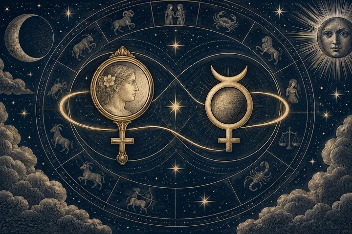 An ornate gold zodiac wheel with two large planetary symbols linked by looping lines, surrounded by stars, a crescent moon, a sun, and clouds.