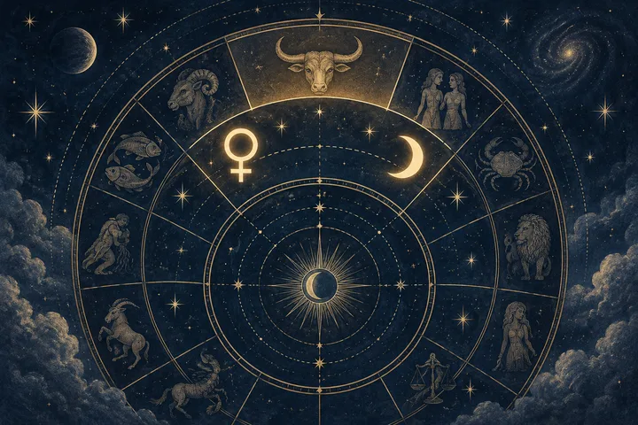 Engraved midnight-blue zodiac wheel with Venus and crescent Moon symbols sharing a sign region while remaining widely separated.