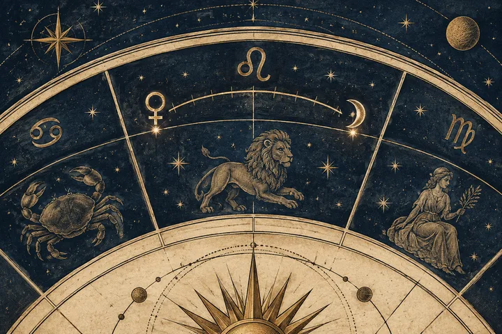 Illustrative zodiac chart showing Venus and Moon in one sign band connected by a long arc that emphasizes their wide separation.