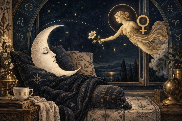 Engraved Moon resting in a starry sanctuary while Venus offers a flower from nearby without touching its orbit.