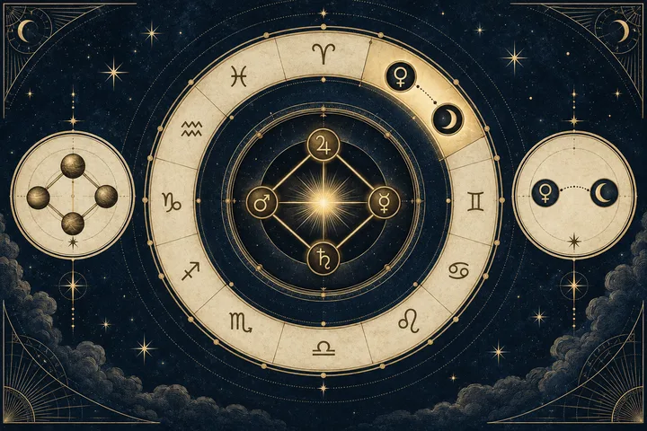 Layered engraved synastry diagram with close planetary contacts in an inner ring and a wider separated Venus-Moon pair in an outer ring.