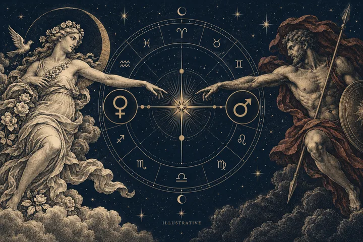 An engraved-style woman and man reach toward a star at the center of a zodiac wheel, with Venus and Mars symbols on either side.