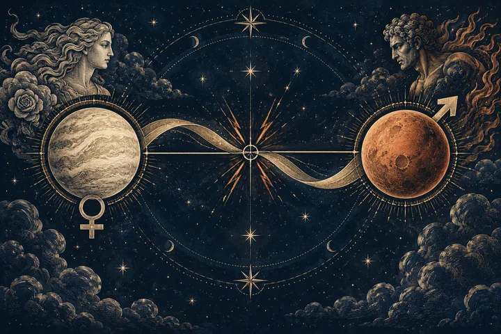 Venus and Mars symbols beneath two planets face each other across a glowing central point, with two profiles above and a starry circular diagram.