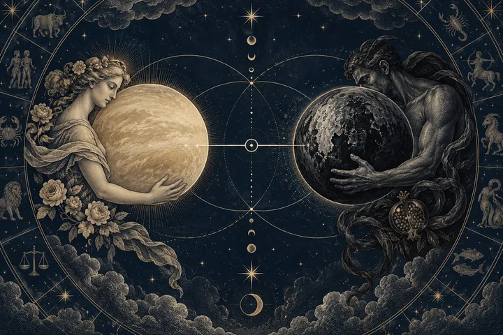 An engraved-style scene shows two figures holding large gold and dark spheres inside a circular starry design with zodiac symbols.