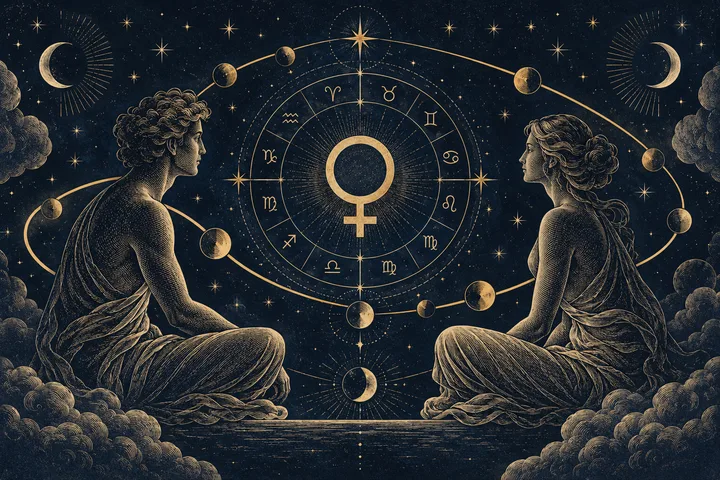 Gold engraved-style illustration of two seated figures facing a circular wheel marked with symbols, surrounded by orbiting spheres, crescent moons and stars on a dark blue background.