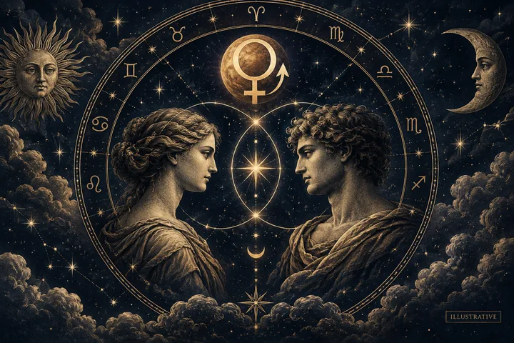 Engraved-style illustration of two classical profile figures facing each other inside a zodiac circle, with a Venus symbol above them, stars, clouds, a sun face, and a crescent moon.