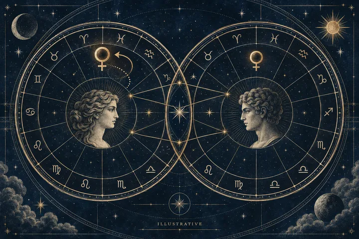 Two overlapping zodiac circles contain profile portraits, Venus symbols, and connecting lines; an arrow curves around the Venus symbol in the left circle.