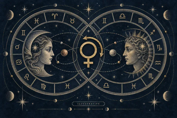 Two overlapping zodiac circles contain profile figures framed by a crescent moon and sun rays, with a large Venus symbol and curved arrows between them.
