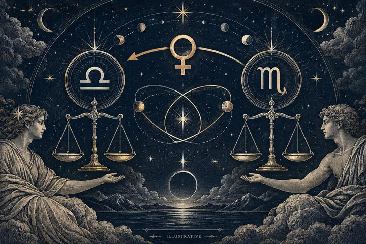 An engraved night sky scene with two robed figures holding balance scales, zodiac symbols, a Venus symbol and orbiting stars above a distant horizon.
