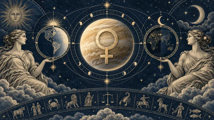 An engraved-style Venus symbol overlays a large planet, surrounded by orbital rings, stars, two globes, and seated figures above a band of zodiac symbols.