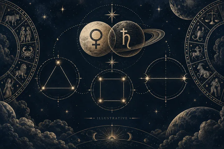 Editorial illustration accompanying: How does Venus-Saturn synastry differ when the contact is a trine, square, or opposition?