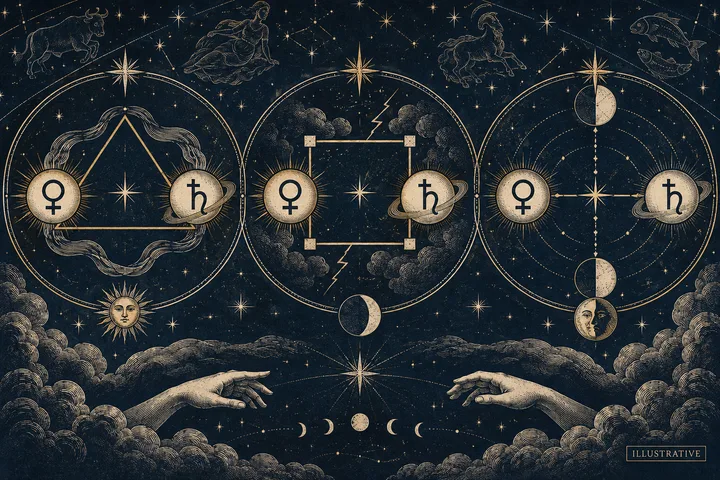 Editorial illustration accompanying: How does Venus-Saturn synastry differ when the contact is a trine, square, or opposition?