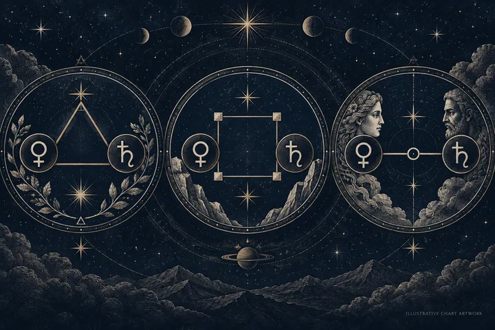 Editorial illustration accompanying: How does Venus-Saturn synastry differ when the contact is a trine, square, or opposition?